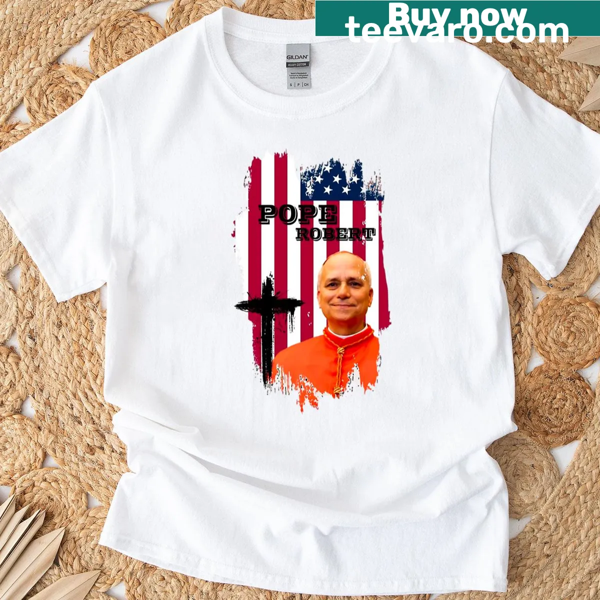 Illustrative T-shirt celebrating Robert Francis Prevost as Pope — on a men's t-shirt