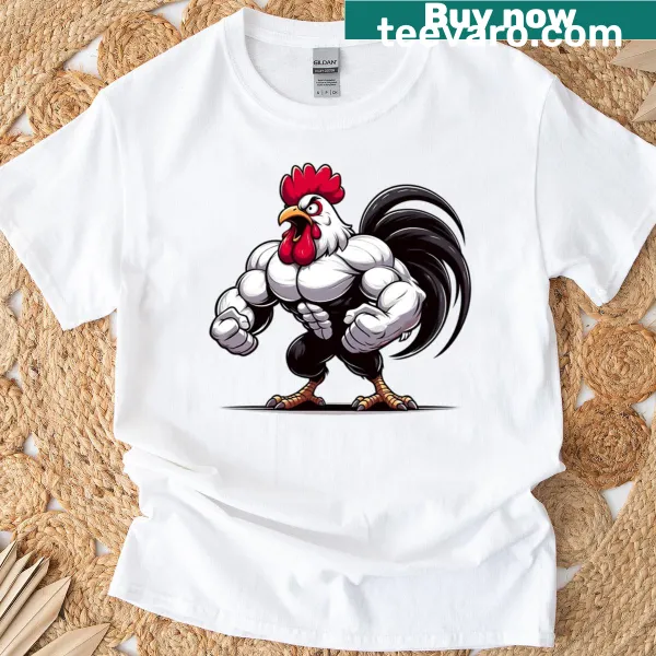 T-shirt featuring a playful rooster illustration