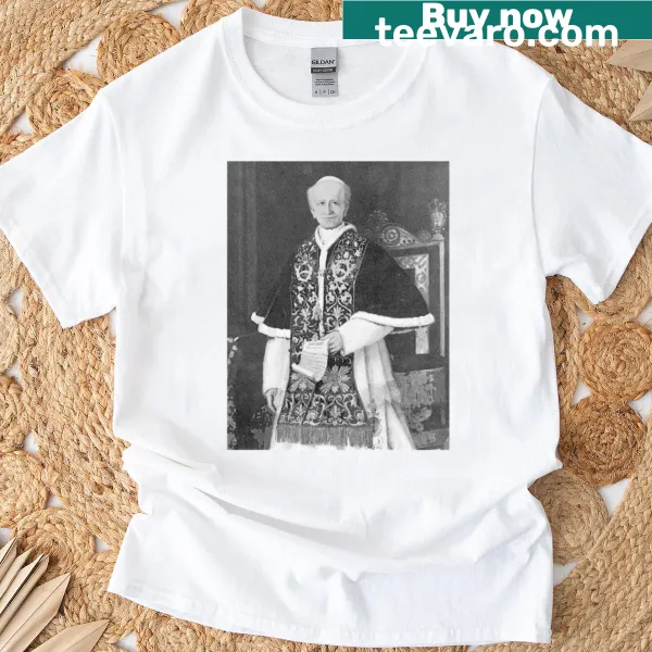 Elegant graphic of Saint Pope Leo XIII on a t-shirt with symbols of faith