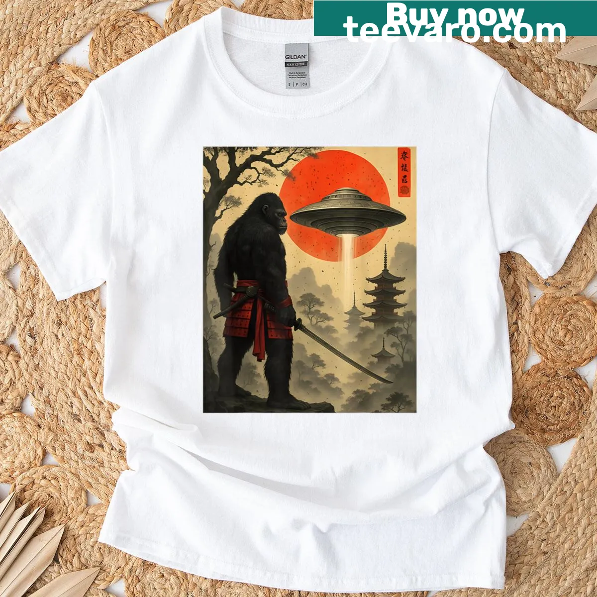 Vintage graphic T-shirt featuring samurai, Bigfoot, and UFO artwork — on a men's t-shirt