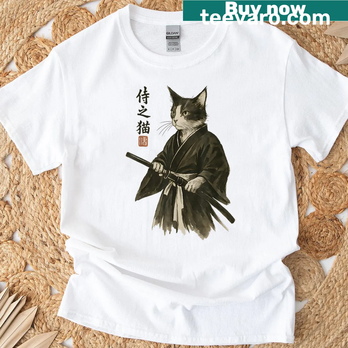 Vintage Ukiyo-e style Ninja Cat illustration on T-shirt — on a men's t-shirt