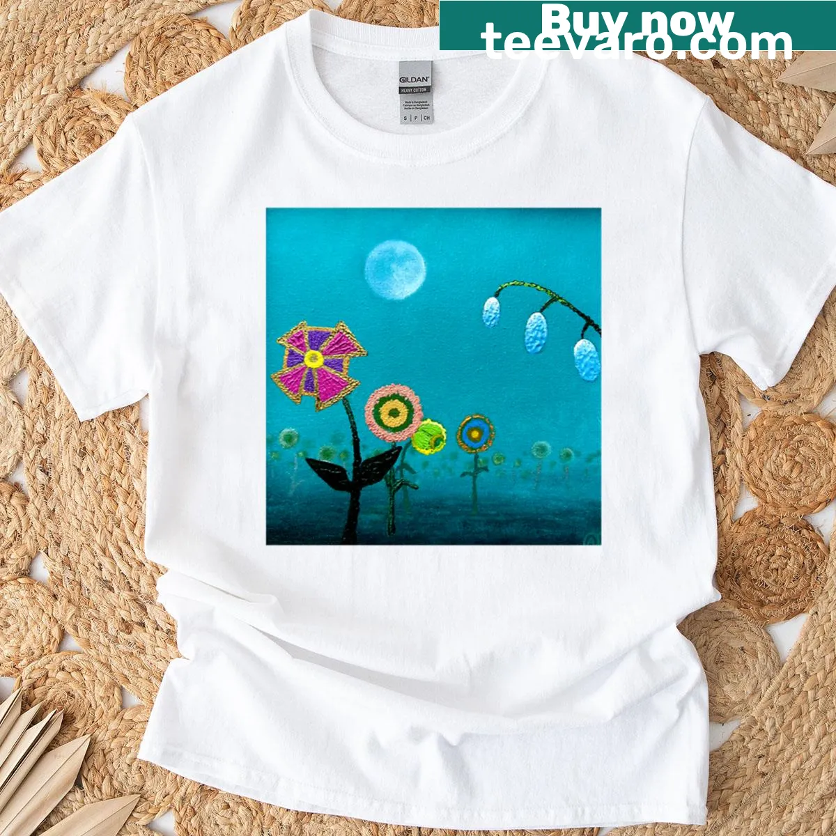 Illustration of flowers in a moonlit garden on t-shirt — on a men's t-shirt