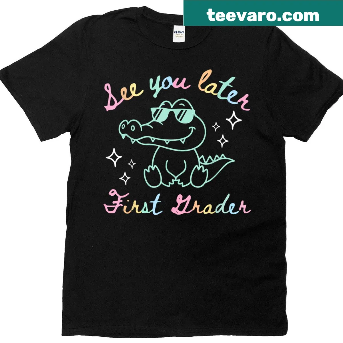 Friendly alligator graphic with 'See You Later First Grader' text on T-shirt — on a men's t-shirt