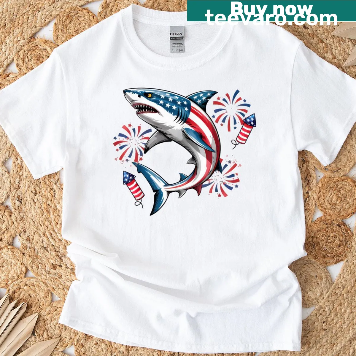 Cartoon shark with American flag for Fourth of July kids t-shirt — on a men's t-shirt