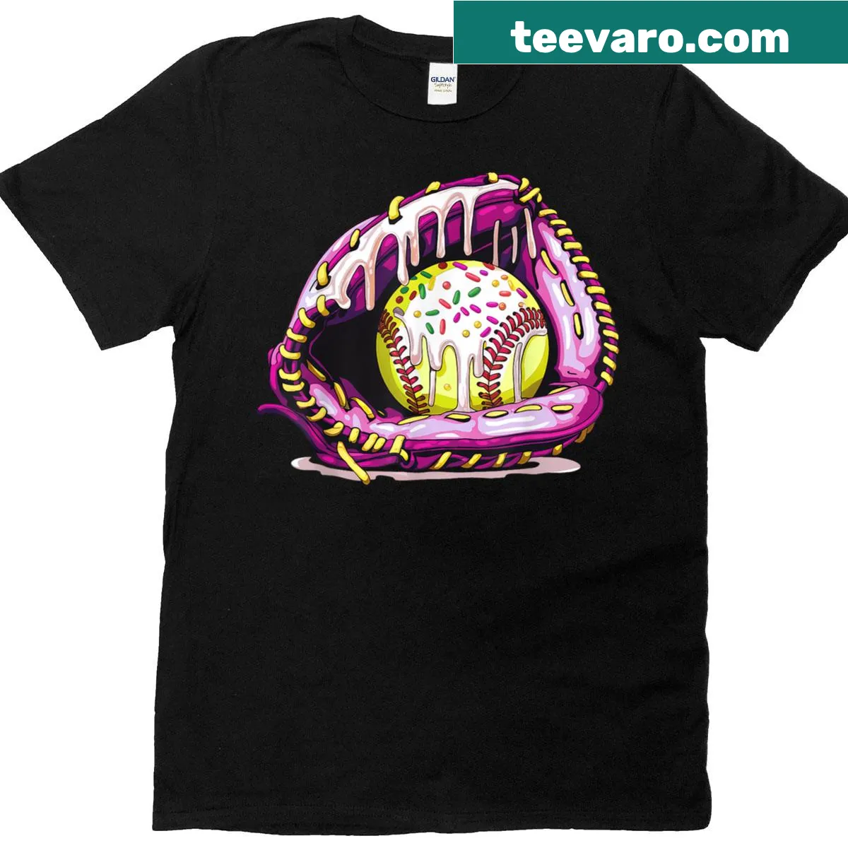 Cartoon softball glove t-shirt with ice cream sprinkles theme — on a men's t-shirt