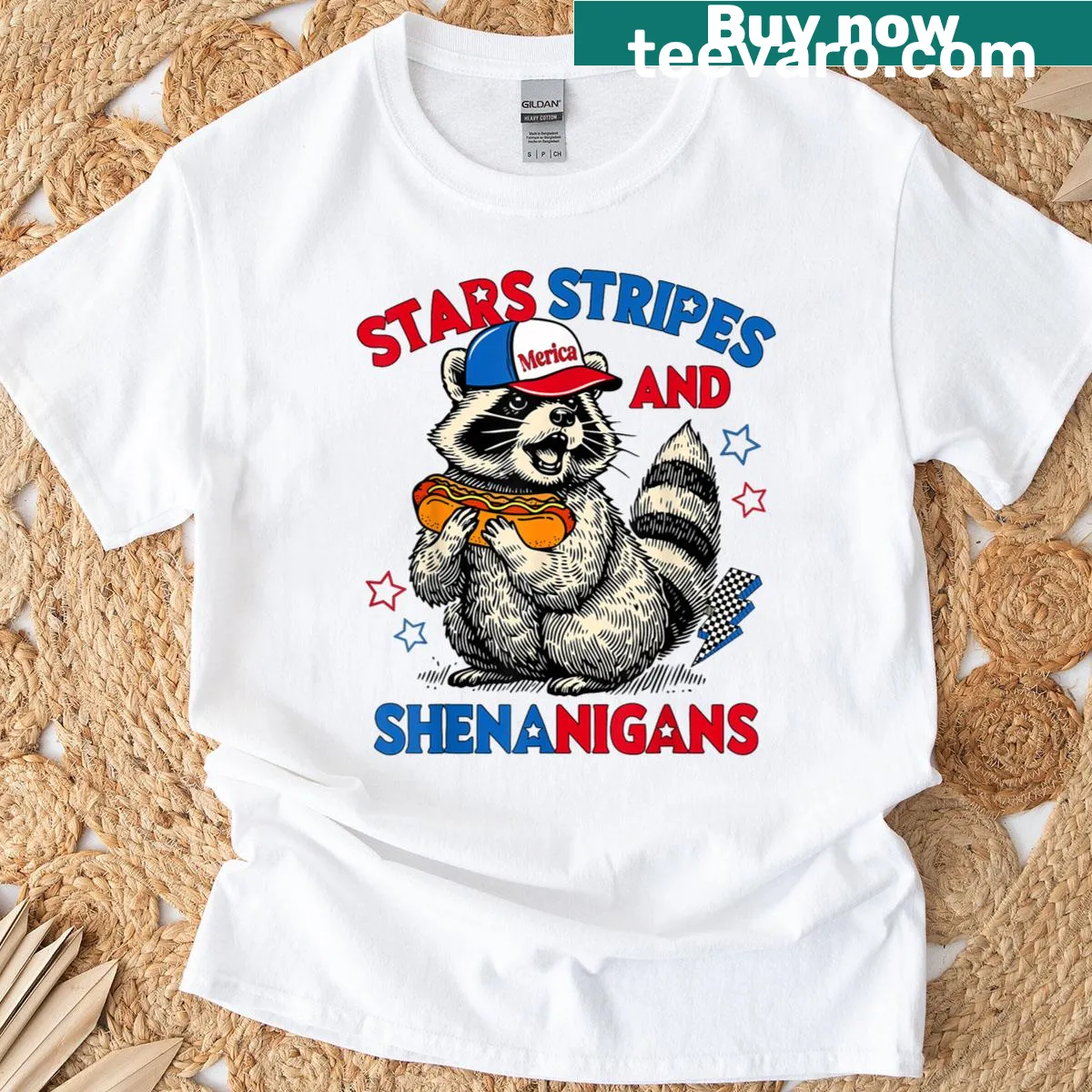 Cute raccoon graphic on a 4th of July themed T-shirt. — on a men's t-shirt