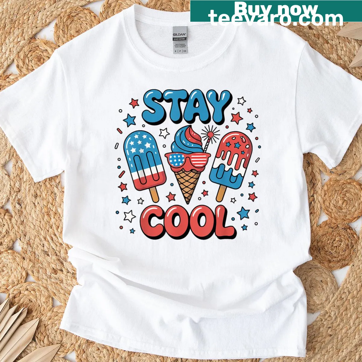 Cartoon T-shirt featuring a popsicle boy for Fourth of July — on a men's t-shirt