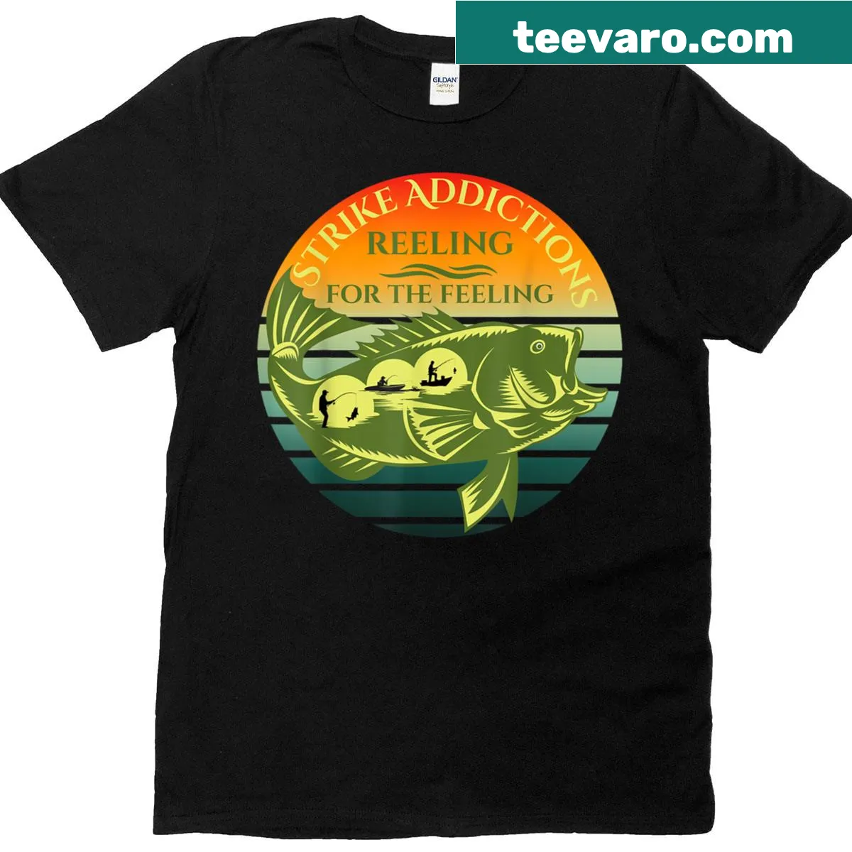 Bold text t-shirt with the slogan 'Strike Addictions Reeling For The Feeling' — on a men's t-shirt