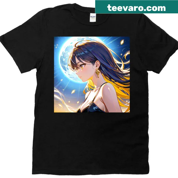 Anime girl illustration under a full moon on a t-shirt