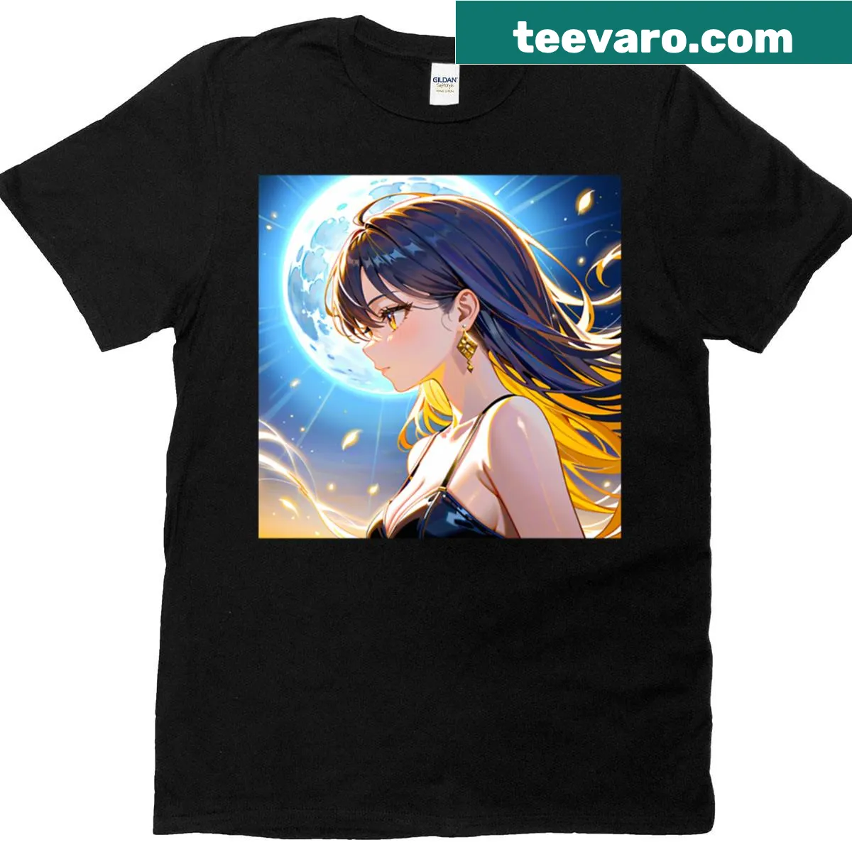 Anime girl illustration under a full moon on a t-shirt — on a men's t-shirt