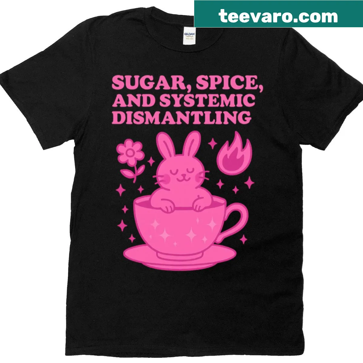 Playful T-shirt with 'Sugar, Spice, and Systemic Dismantling' text. — on a men's t-shirt
