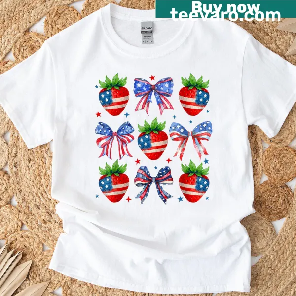 Whimsical strawberry and American flag design on a T-shirt