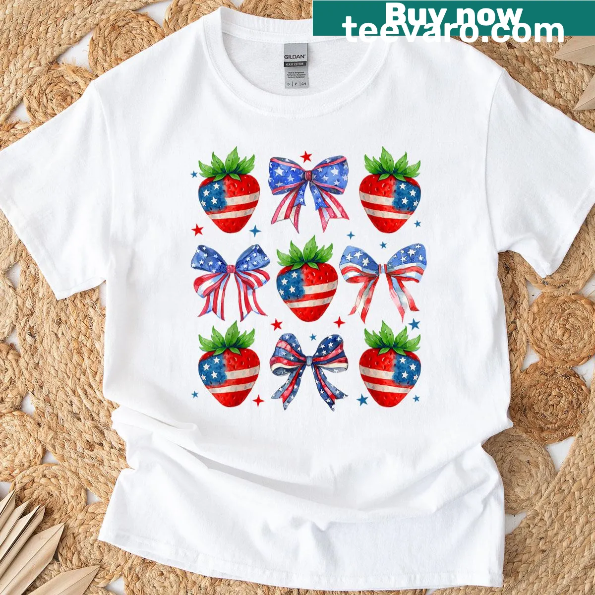 Whimsical strawberry and American flag design on a T-shirt — on a men's t-shirt