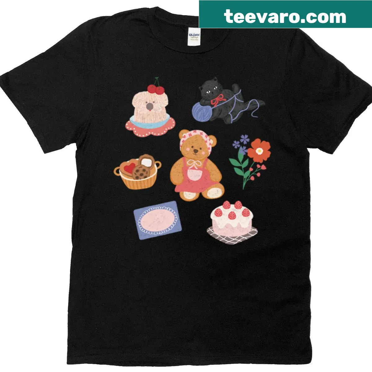 Cute animal illustrations with sweet treats on a playful t-shirt — on a men's t-shirt