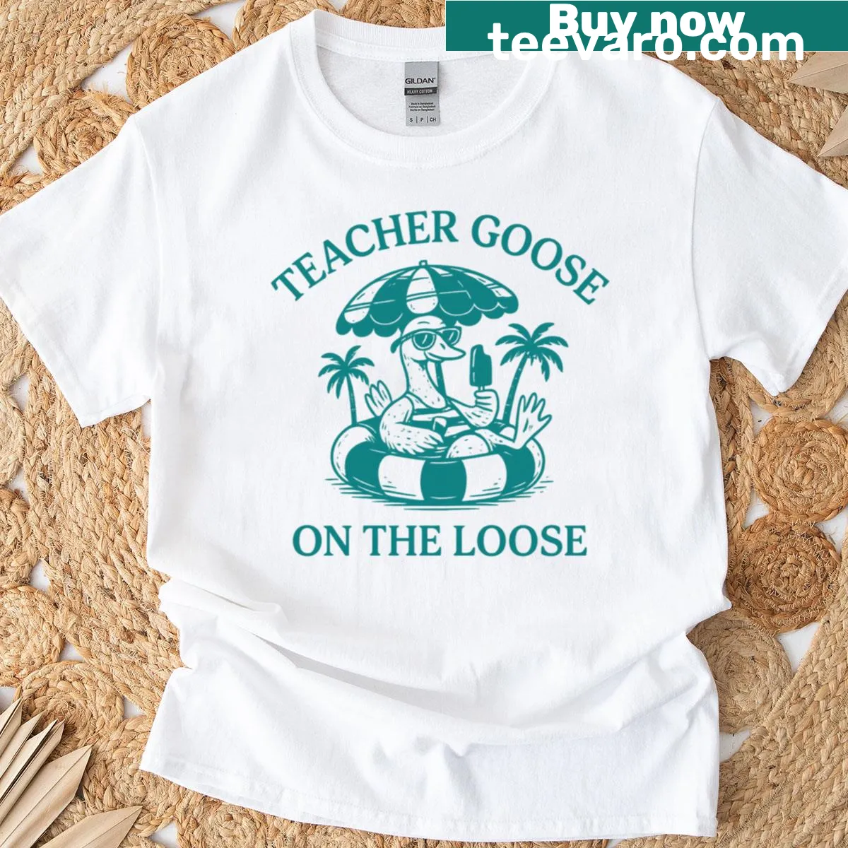 Funny T-shirt with a cartoon goose celebrating summer vacation for teachers — on a men's t-shirt