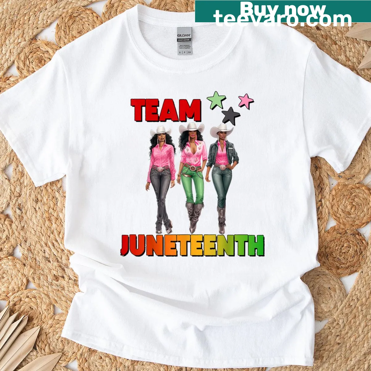 Text design featuring 'Team Juneteenth' with cowgirl elements — on a men's t-shirt