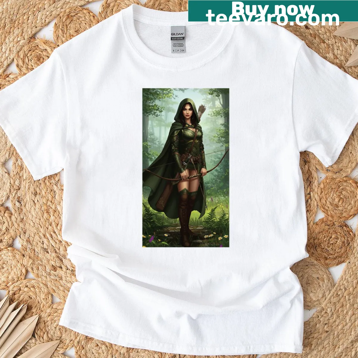 Illustration of a forest huntress in a natural setting — on a men's t-shirt