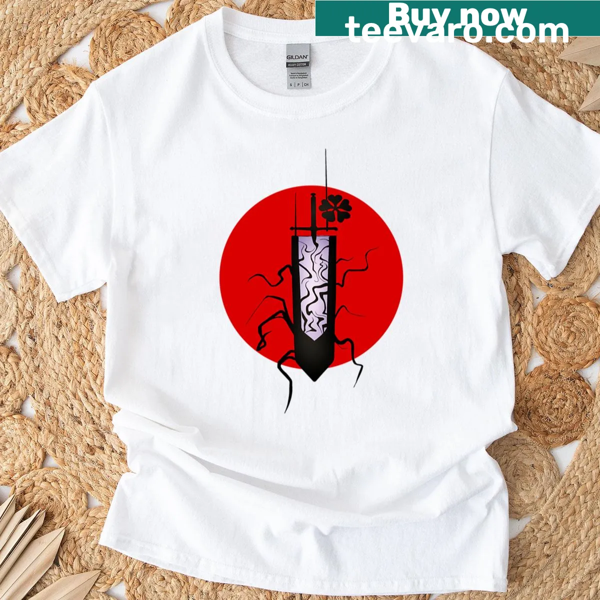 Oversized T-shirt featuring a playful sword graphic — on a men's t-shirt