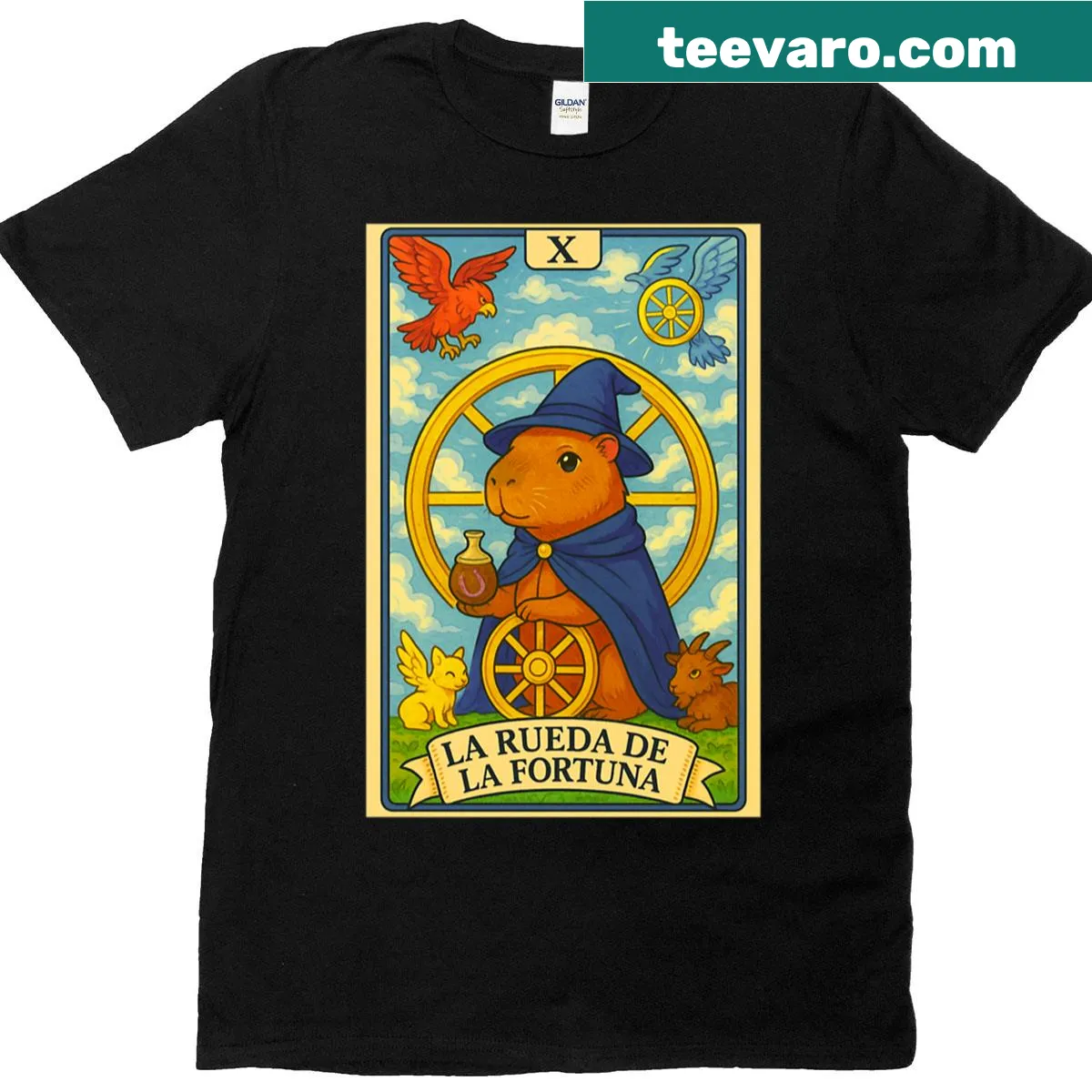 Artistic Wheel of Fortune Tarot graphic on T-shirt — on a men's t-shirt
