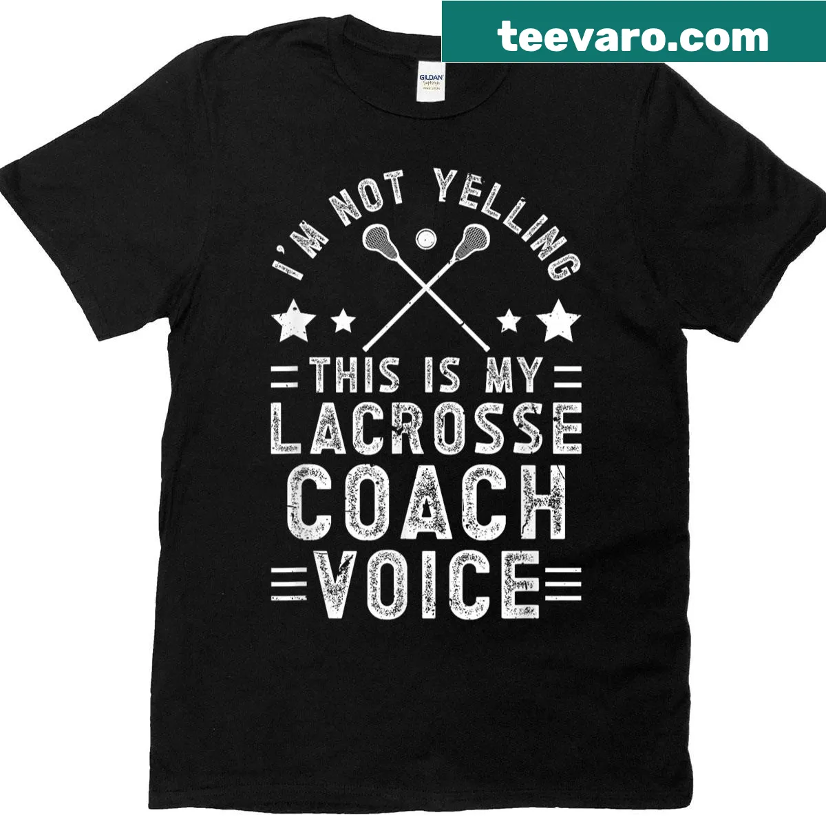 Playful lacrosse coach graphic T-shirt — on a men's t-shirt