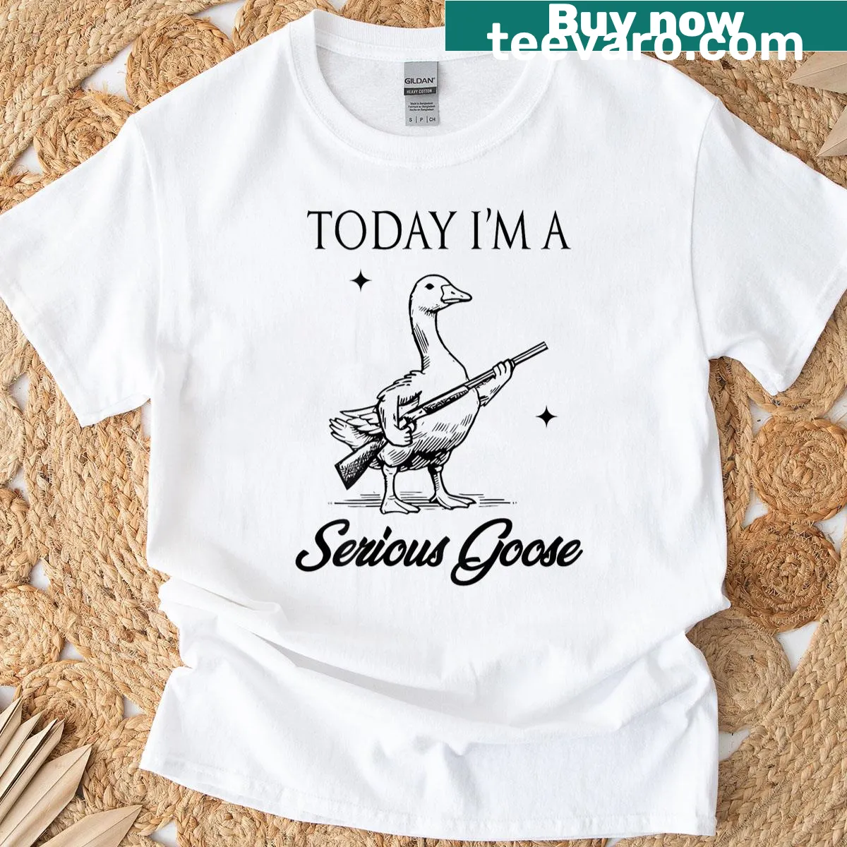 Humorous T-shirt featuring a serious goose graphic with a playful twist — on a men's t-shirt
