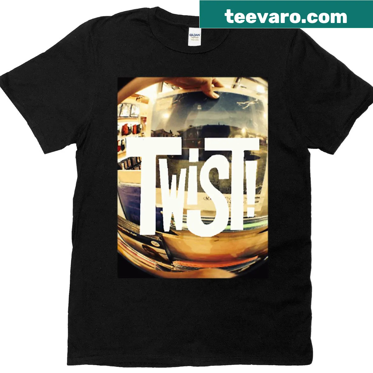 Minimalist T-shirt celebrating vinyl and photography — on a men's t-shirt