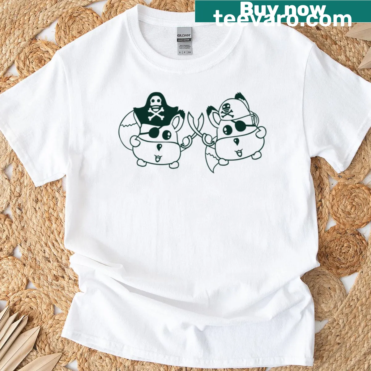 Cartoon of two cute pirate foxes dueling with sabres — on a men's t-shirt