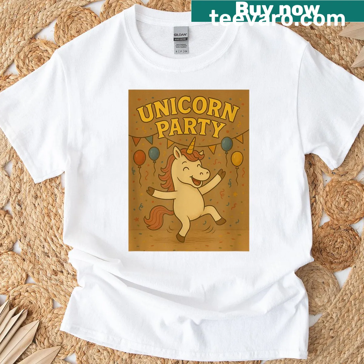 Unicorn Party T-shirt with whimsical illustration of a unicorn — on a men's t-shirt