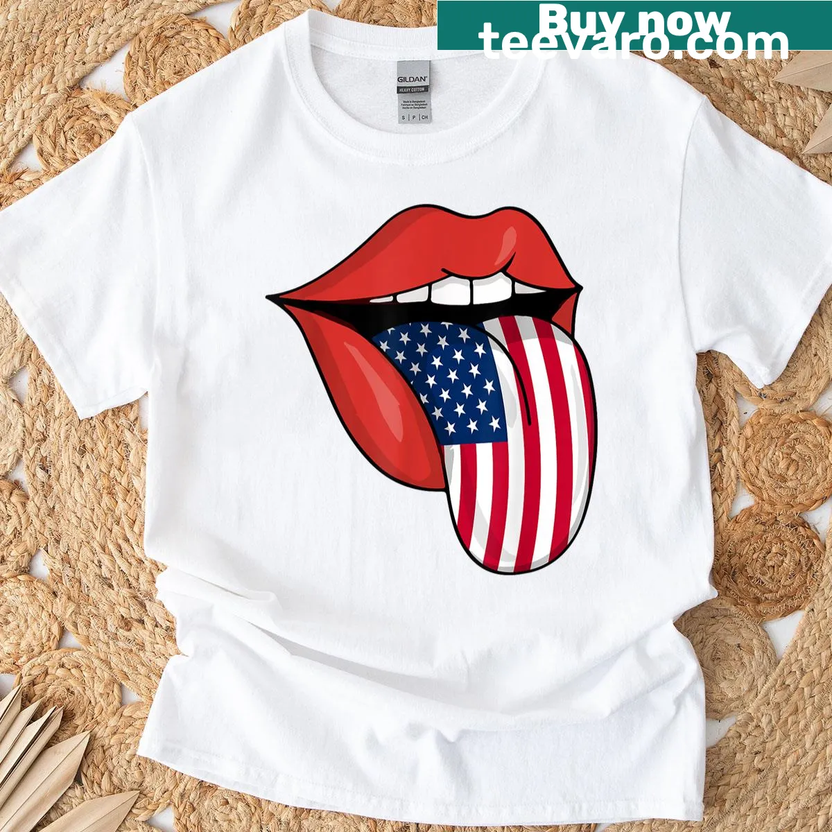 Lips graphic with American flag pattern on a T-shirt — on a men's t-shirt