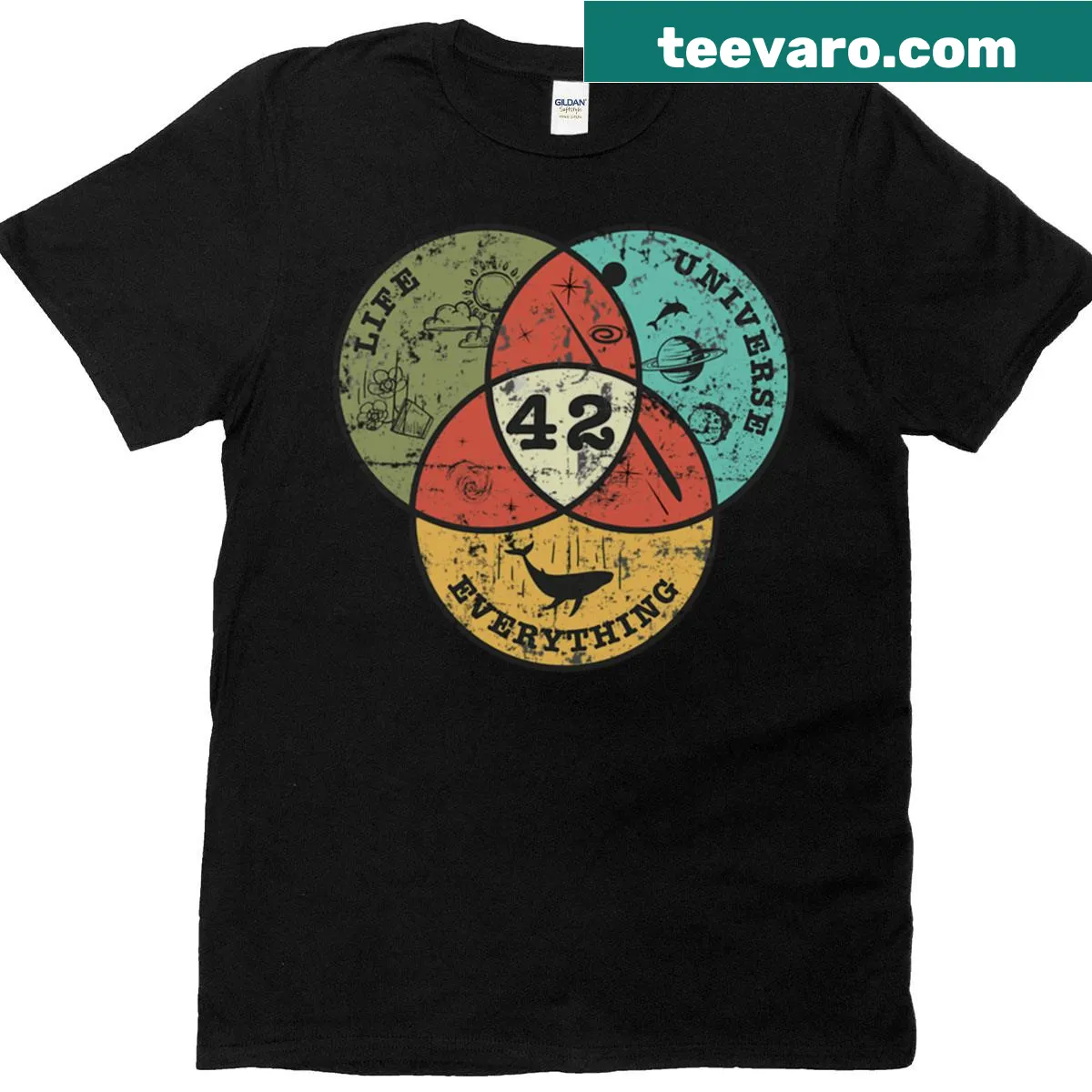 T-shirt featuring a Venn diagram about life and the universe. — on a men's t-shirt