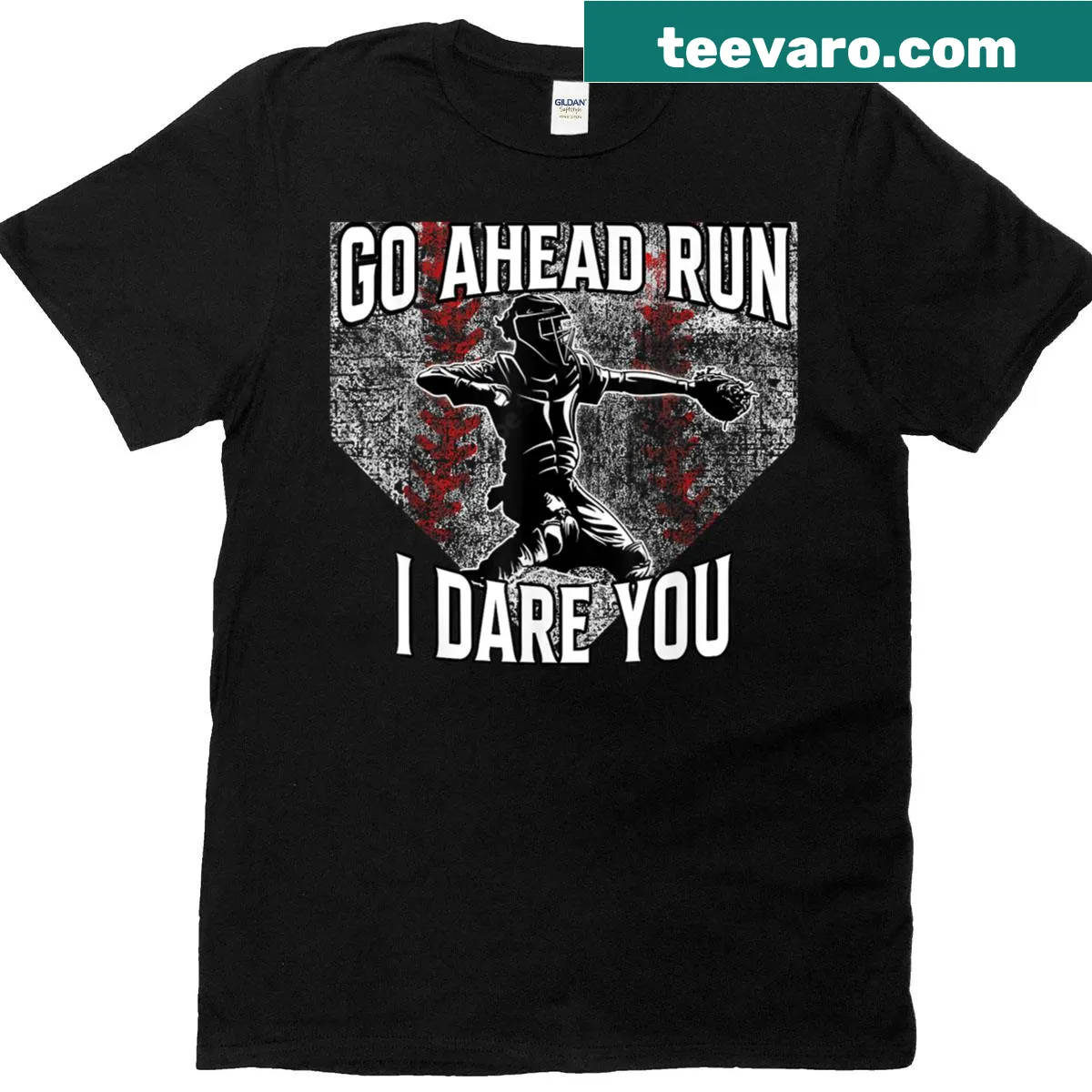 Funny baseball t-shirt with vintage catcher and daring text. — on a men's t-shirt
