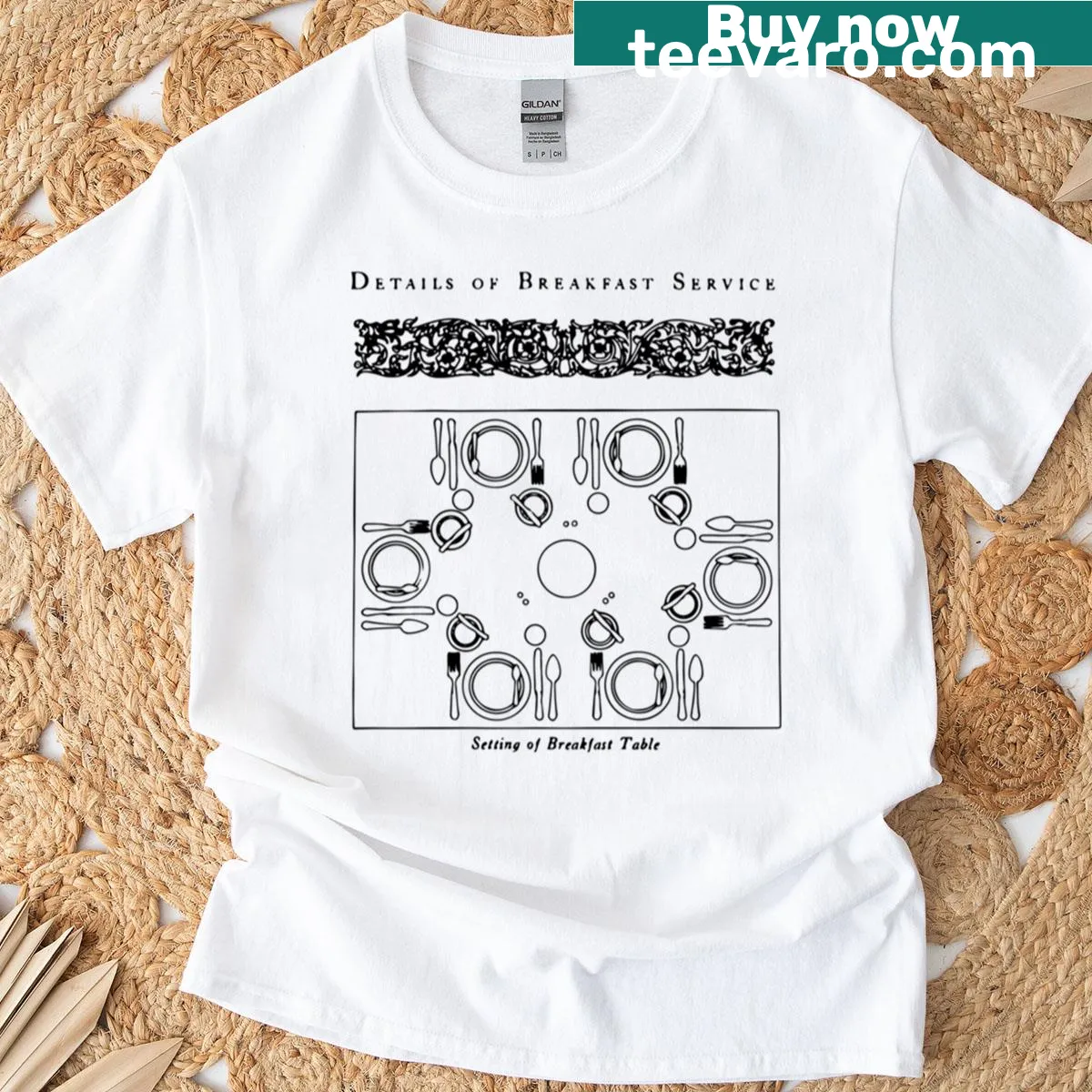 Vintage T-shirt featuring an antique breakfast table setting illustration — on a men's t-shirt