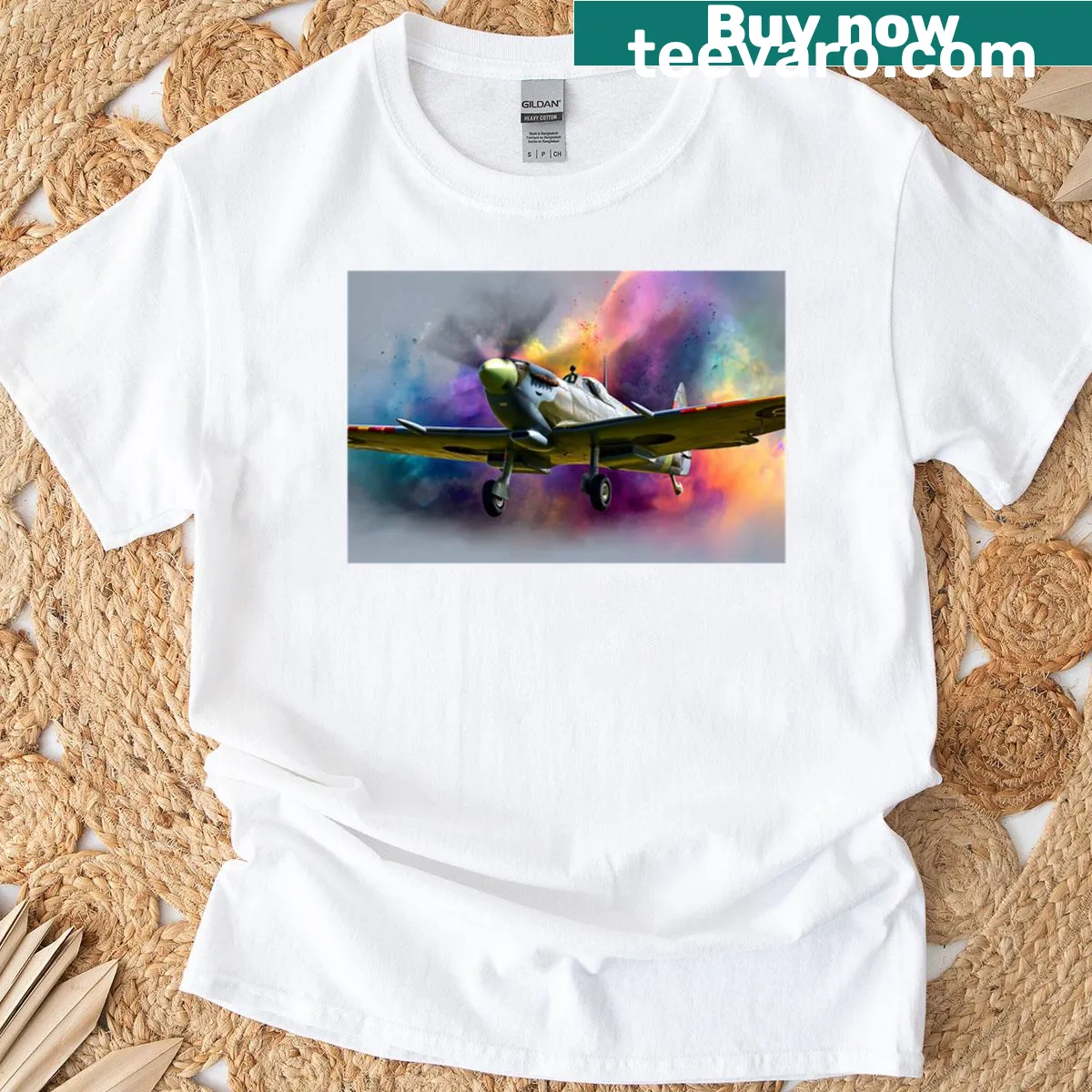Watercolour Splash Spitfire T-shirt showcasing an aircraft design — on a men's t-shirt