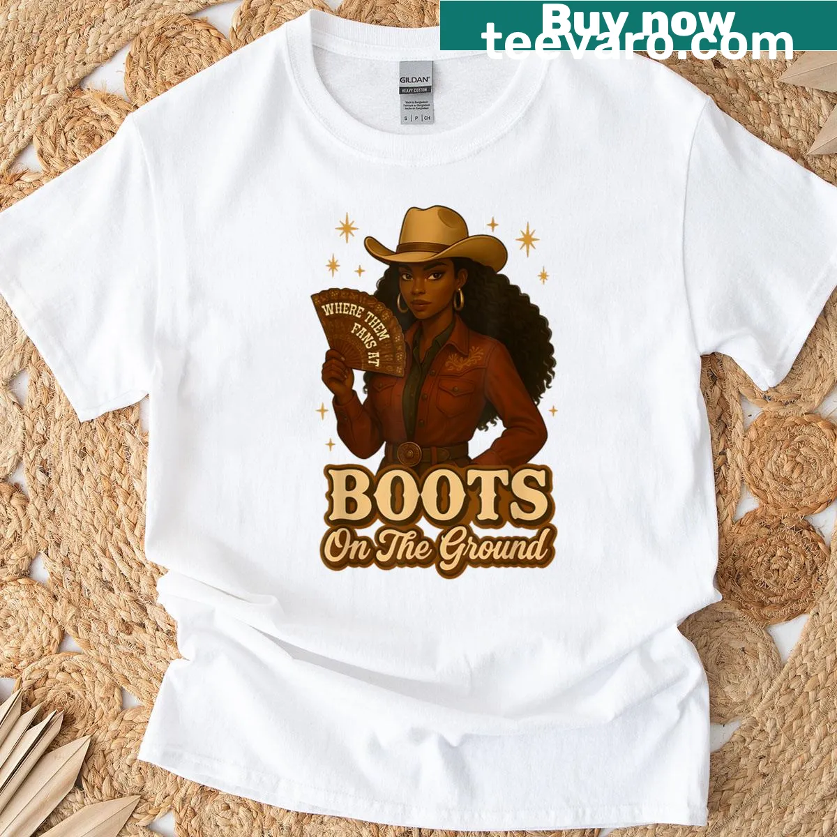 Illustration of a black cowgirl wearing boots on a T-shirt for women — on a men's t-shirt