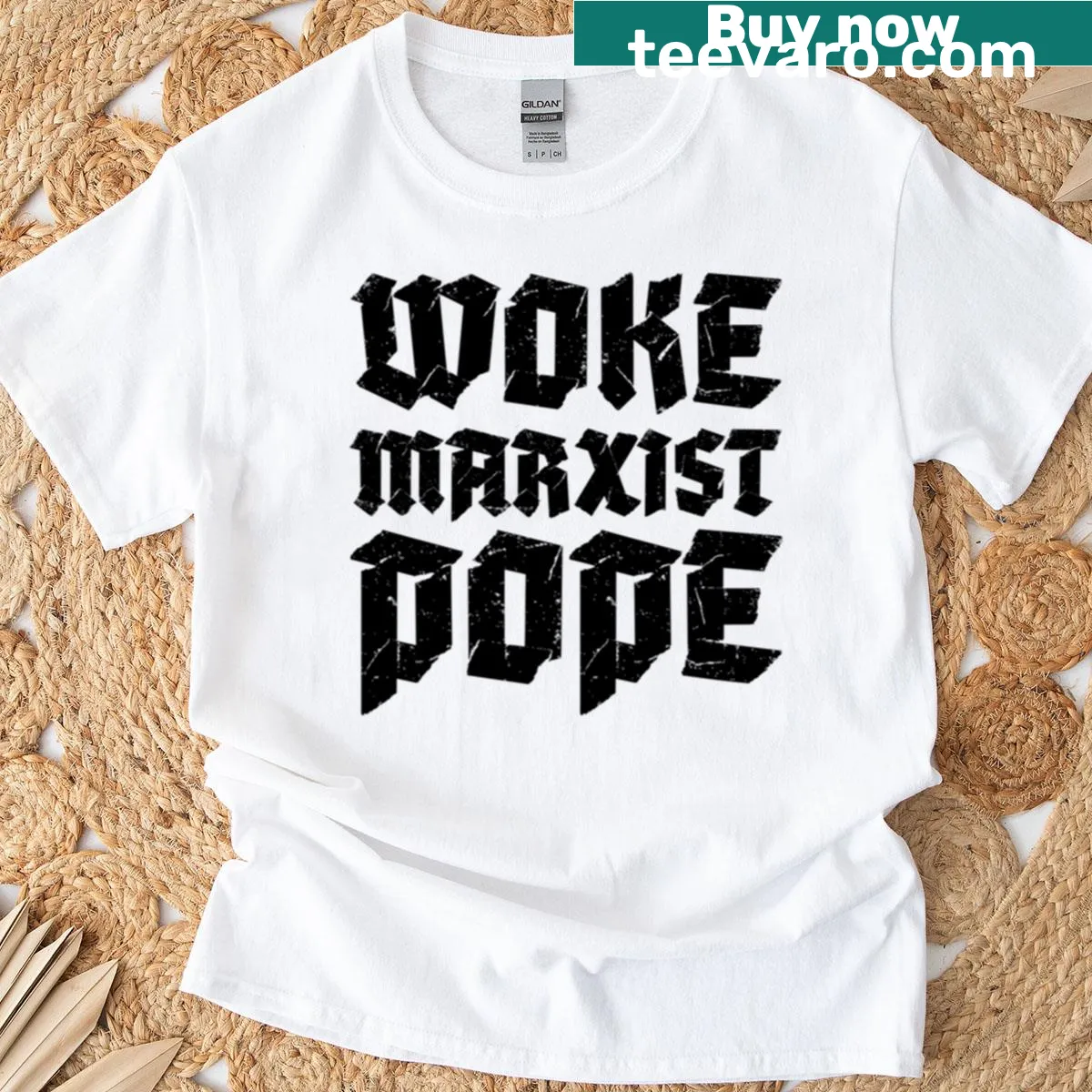 Woke Marxist Pope graphic T-shirt with bold typography — on a men's t-shirt