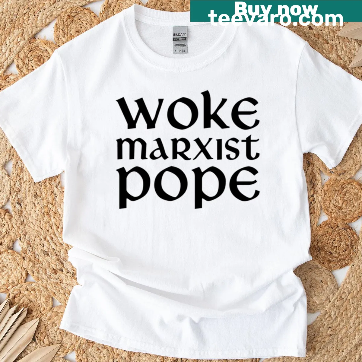 Oversized black t-shirt featuring Woke Marxist Pope design — on a men's t-shirt