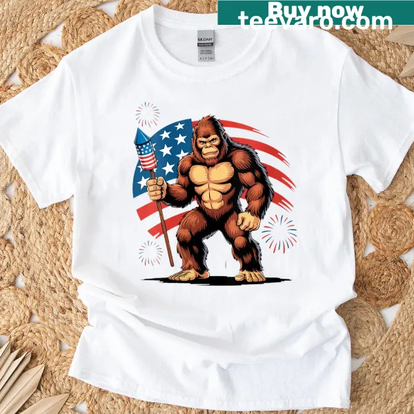 Bigfoot and fireworks graphic T-shirt for 4th of July
