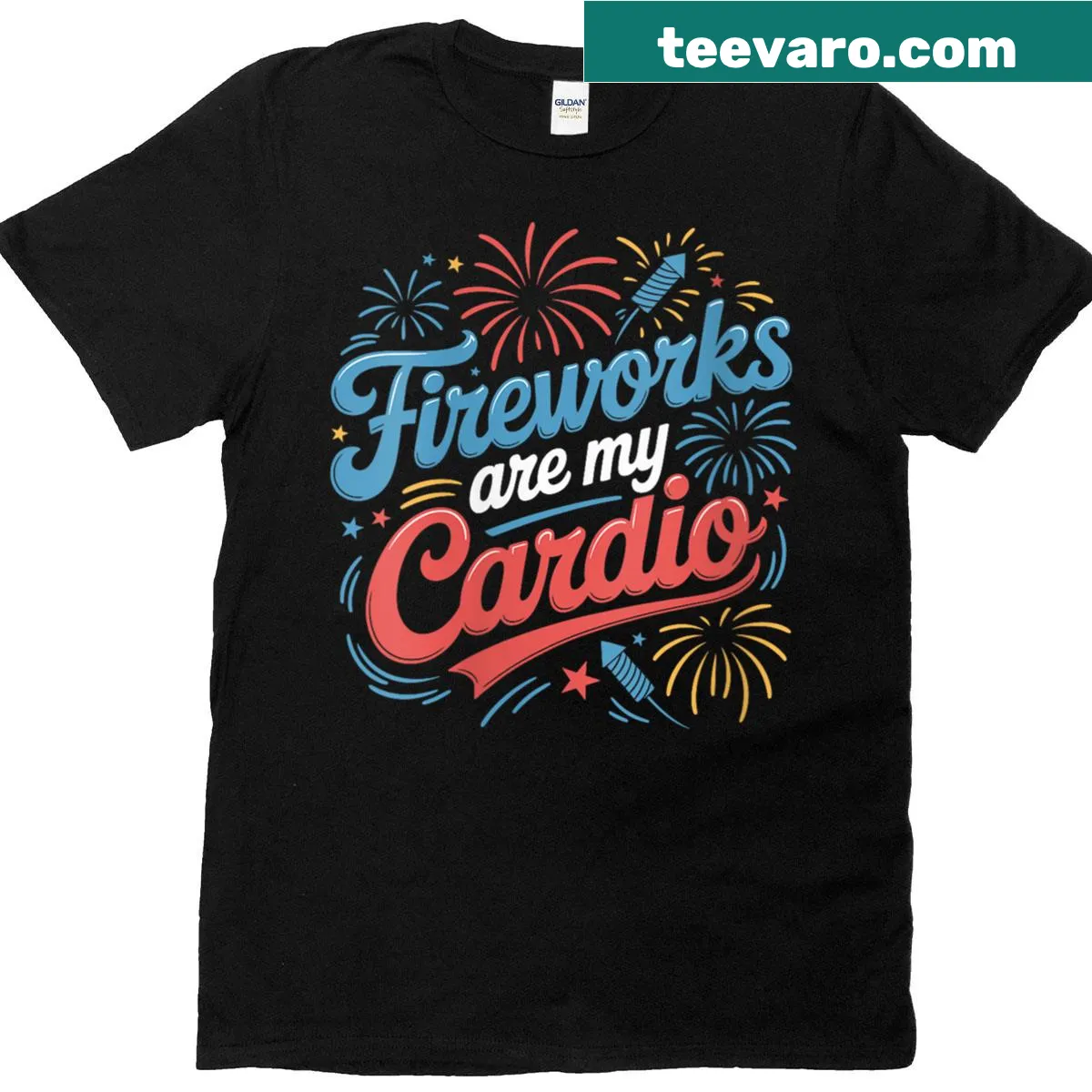 Playful patriotic t-shirt with 'Fireworks Are My Cardio' slogan — on a men's t-shirt