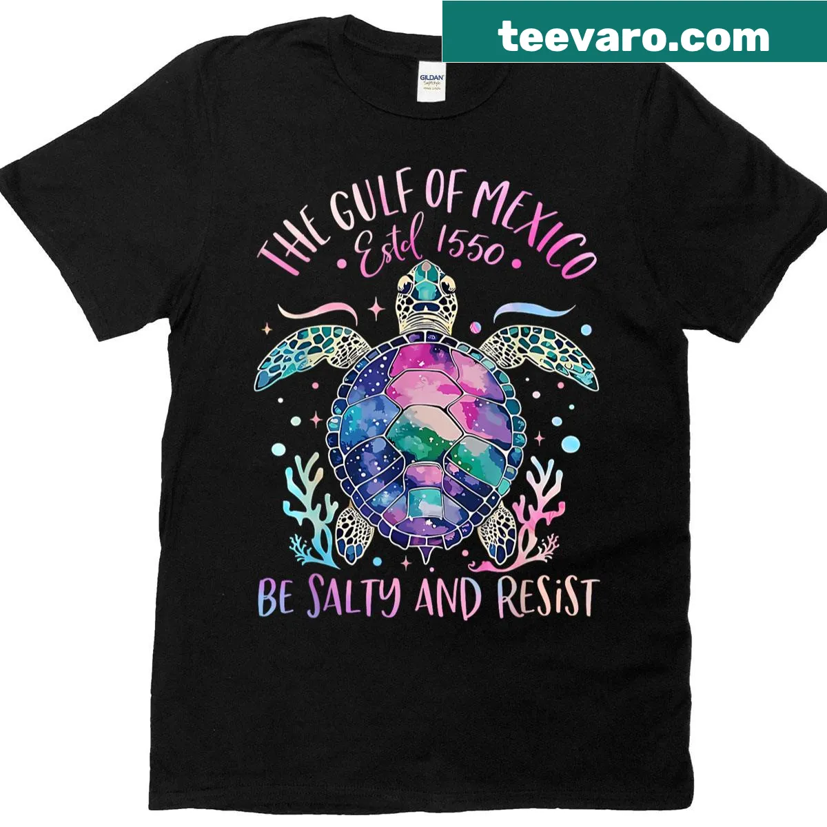 T-shirt featuring Gulf of Mexico theme and turtle illustration — on a men's t-shirt