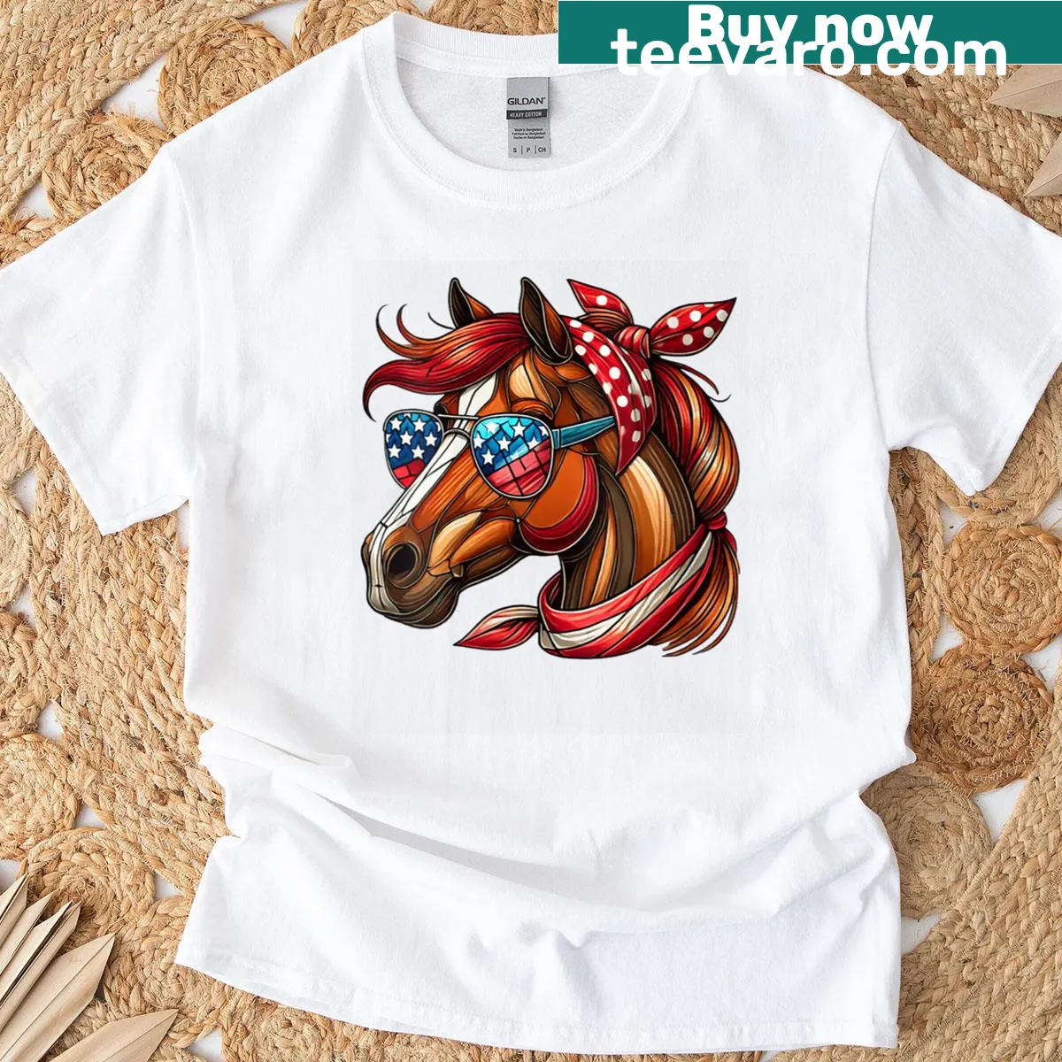 Horse-themed T-shirt for women celebrating 4th of July with American flag — on a men's t-shirt