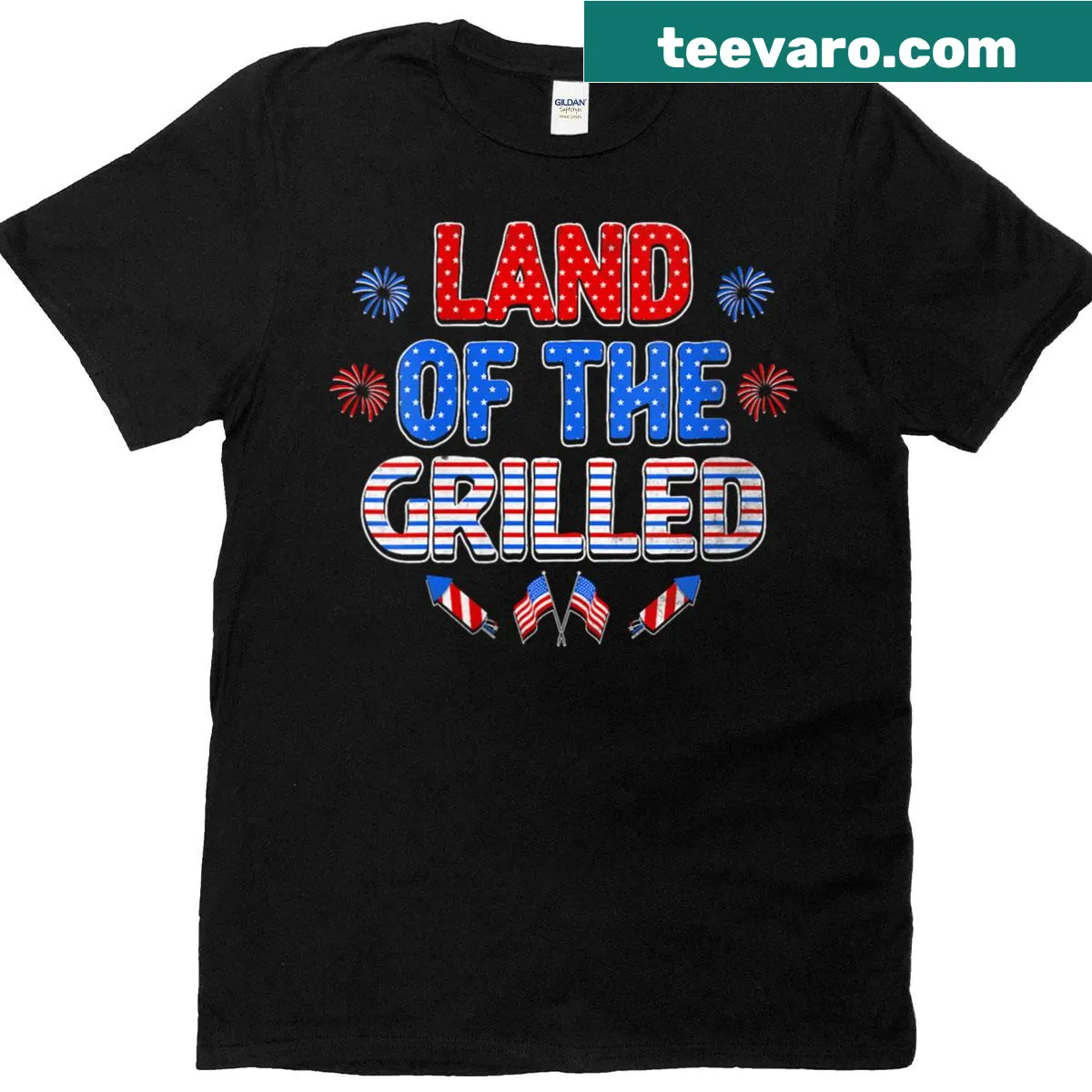 Patriotic T-shirt for BBQ lovers with 'Land Of The Grilled' text — on a men's t-shirt