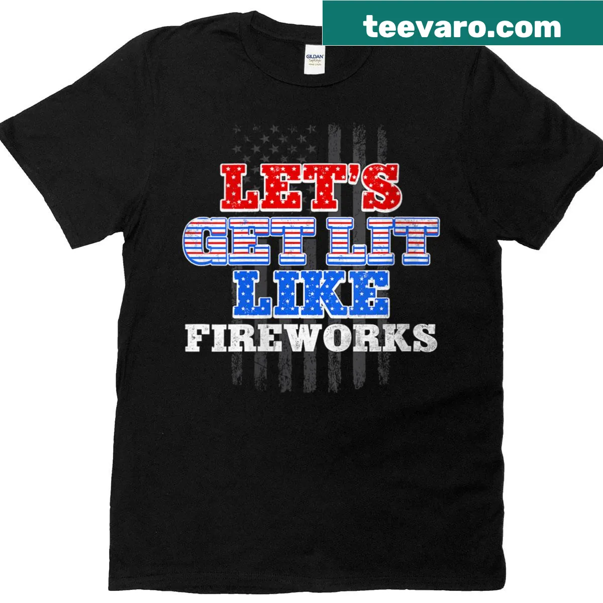 Patriotic T-shirt with 'Lets Get Lit' text and American flag — on a men's t-shirt