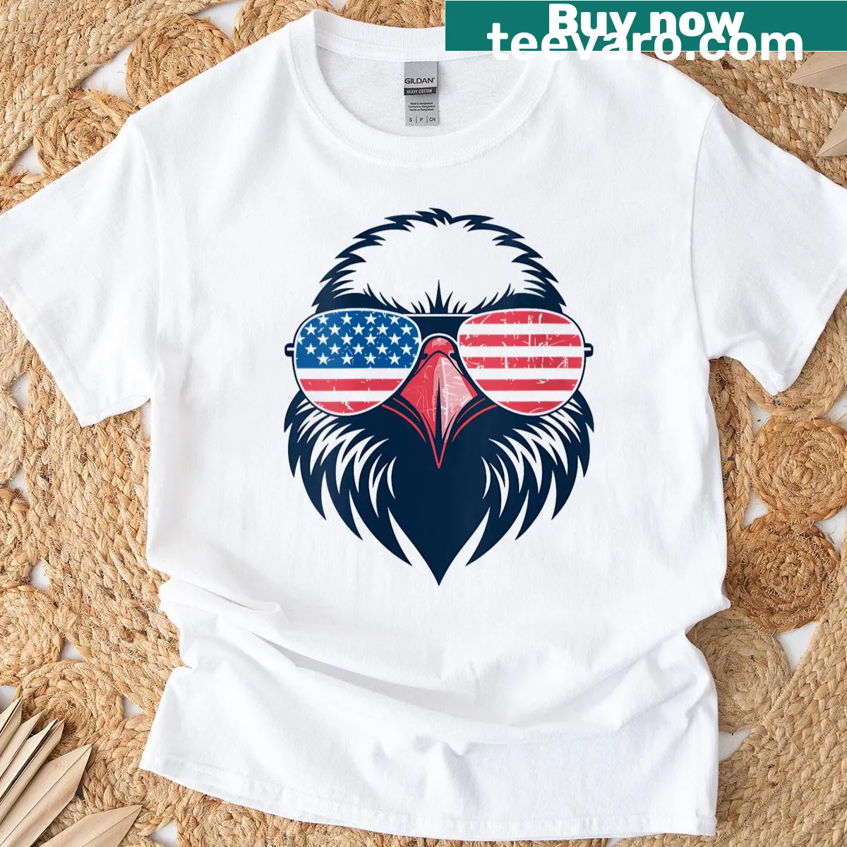Patriotic eagle t-shirt featuring American flag and sunglasses — on a men's t-shirt
