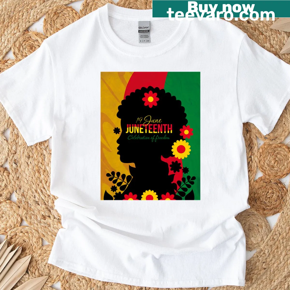 Commemorative t-shirt for Juneteenth with freedom-themed text — on a men's t-shirt