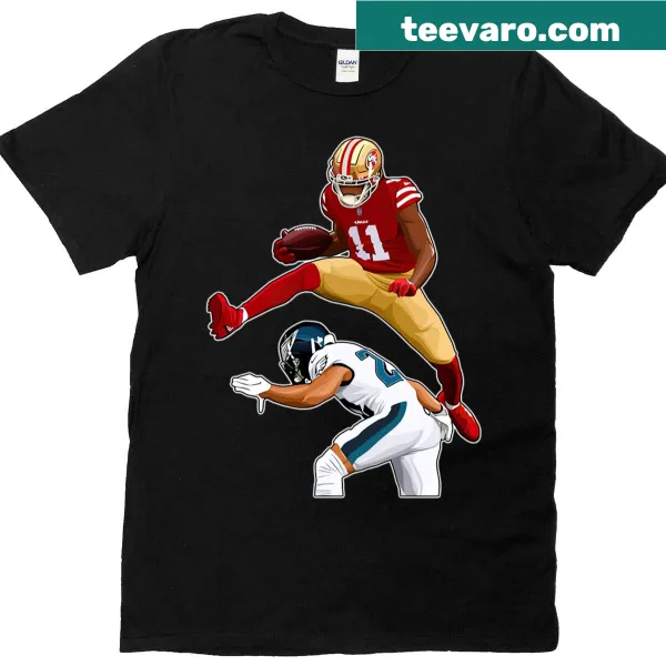 Illustration of Aiyuk leaping over Epps on a T-shirt