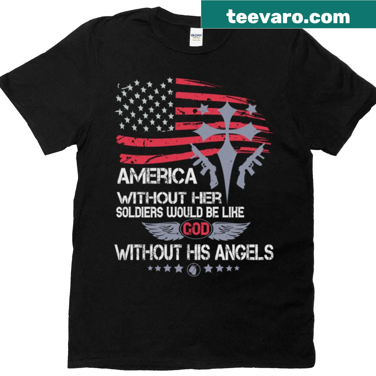 T-shirt with powerful quote about soldiers and angels in bold text — on a men's t-shirt