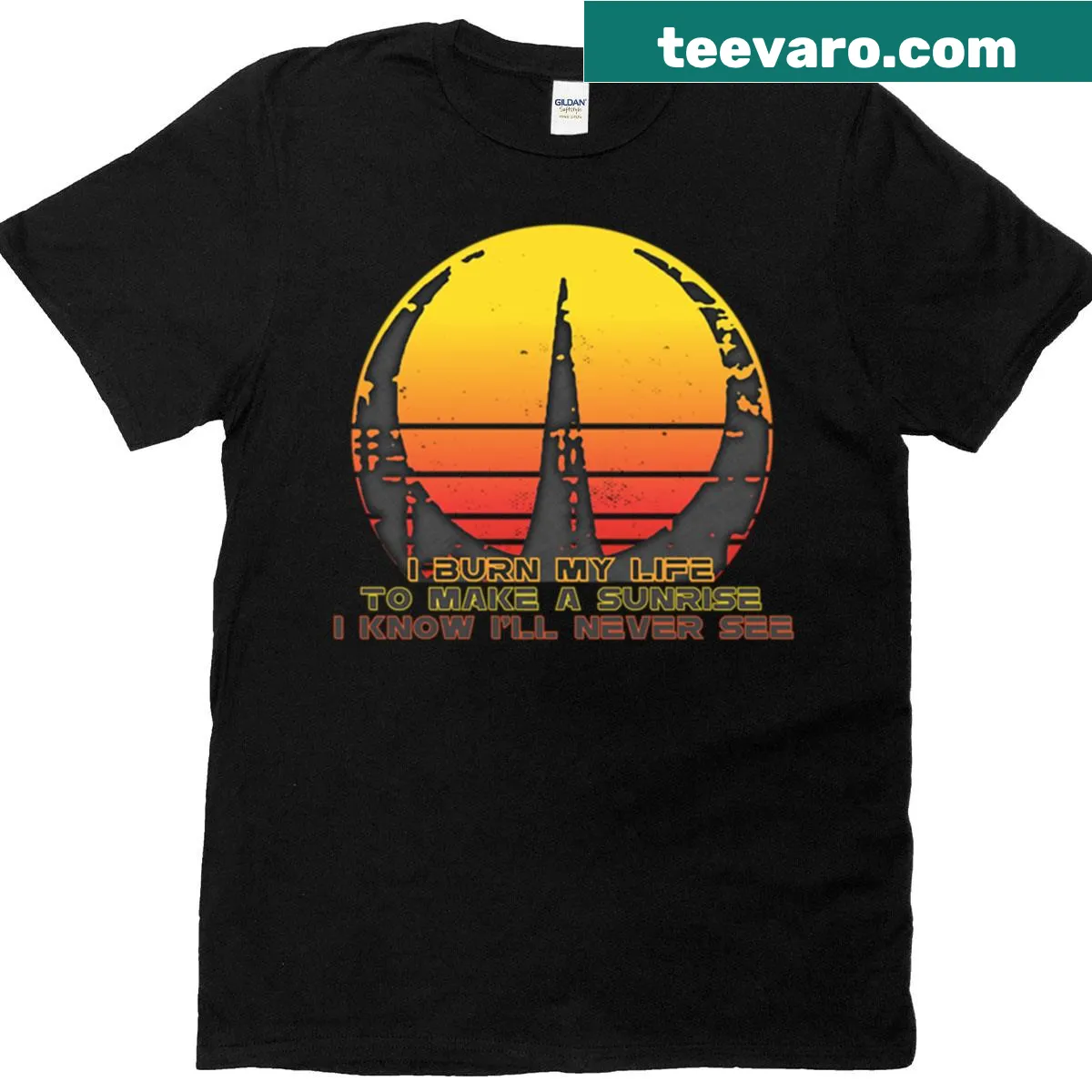 Illustration of a sunrise with Andor theme on a T-shirt — on a men's t-shirt