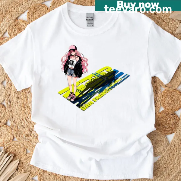 Anime stickers of women walking in San Francisco on a t-shirt
