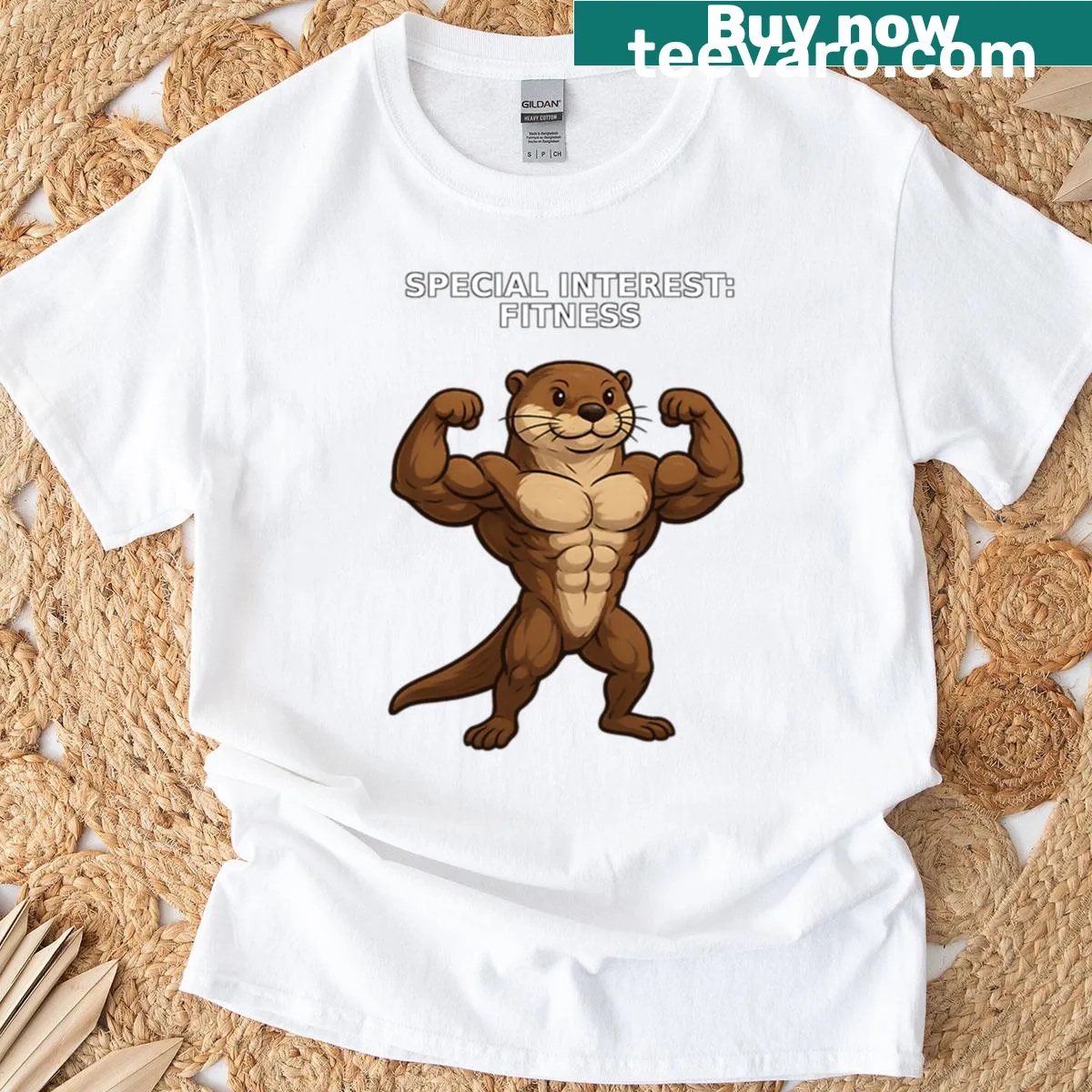 Cartoon otter flexing muscles on a fun fitness T-shirt for gym-goers. — on a men's t-shirt