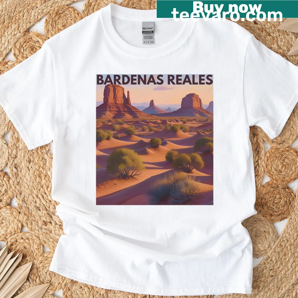 Illustration of Bardenas Reales desert landscape on oversized T-shirt — on a men's t-shirt
